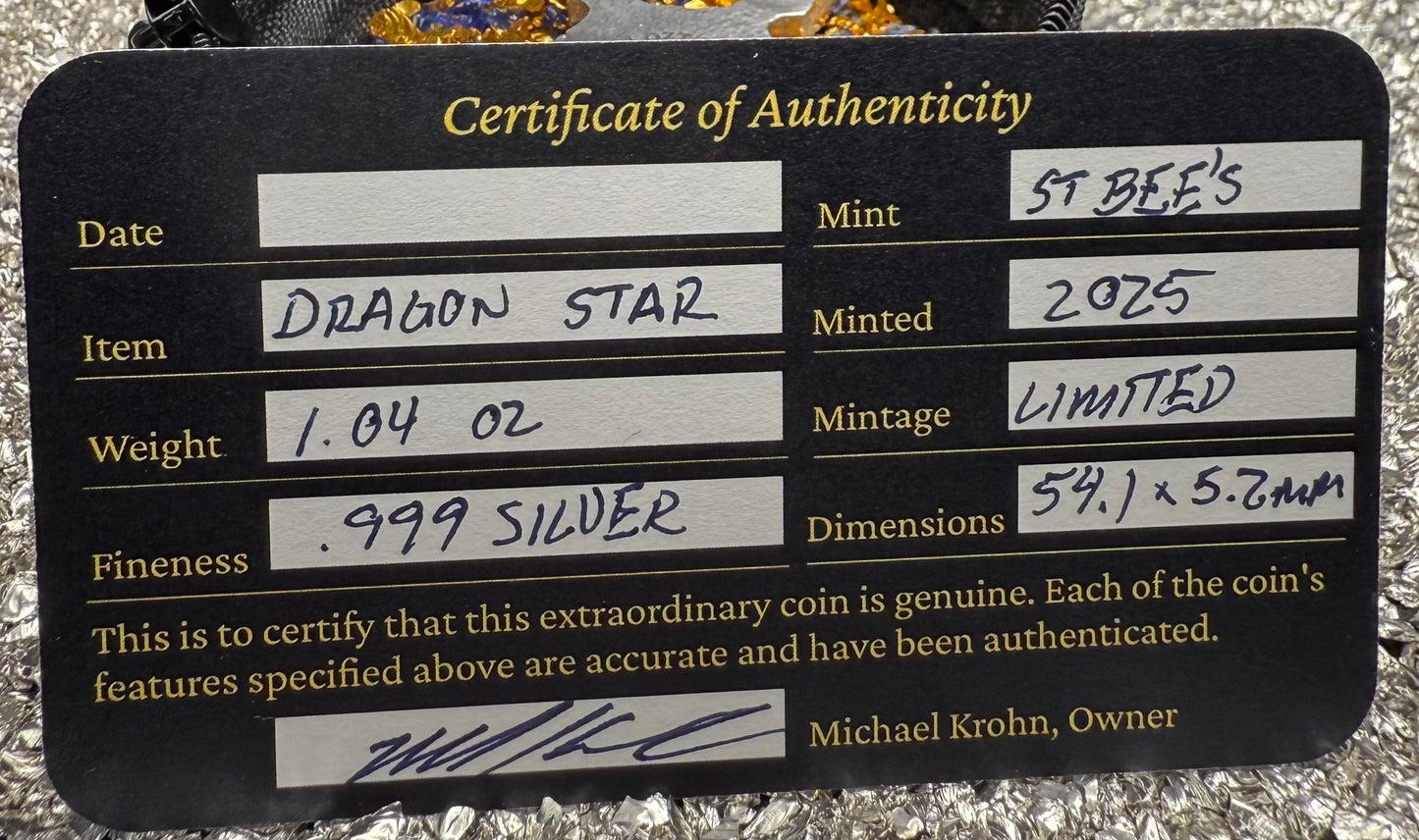 'Twin Dragon Star' 1.04 oz .999 Fine Silver Star Hand Crafted by St Bee's in England, Shiny Finish, Includes Earbud Case & COA, Mint Condition, Limited Edition