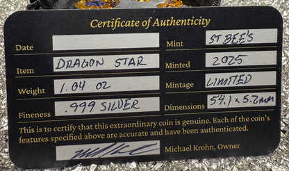 'Twin Dragon Star' 1.04 oz .999 Fine Silver Star Hand Crafted by St Bee's in England, Shiny Finish, Includes Earbud Case & COA, Mint Condition, Limited Edition