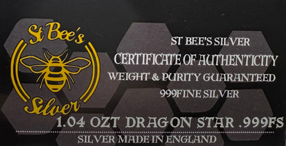 'Twin Dragon Star' 1.04 oz .999 Fine Silver Star Hand Crafted by St Bee's in England, Shiny Finish, Includes Earbud Case & COA, Mint Condition, Limited Edition