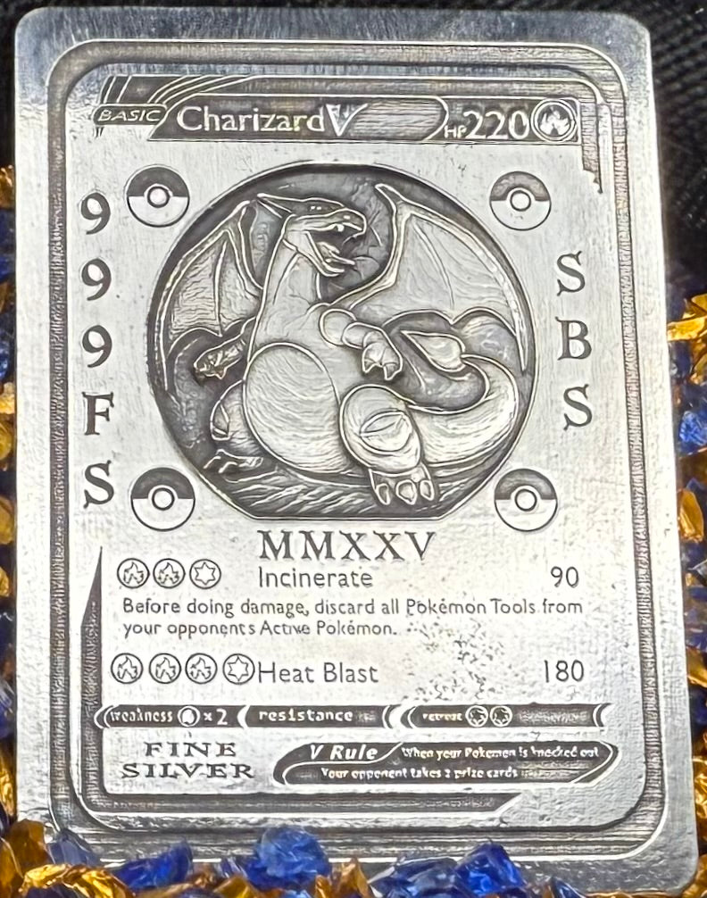 Pokémon 'Fire Charizard' 2.82 oz .999 Pure Silver Trading Card Hand Crafted by St Bee's in England, Satin Finish, Includes Poké Ball & COA, Mint Condition Limited Edition