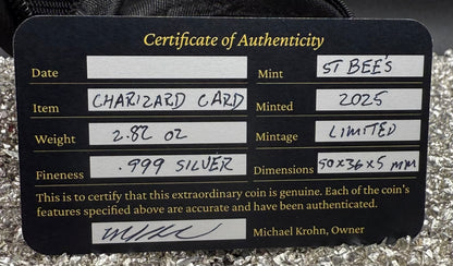 Pokémon 'Fire Charizard' 2.82 oz .999 Pure Silver Trading Card Hand Crafted by St Bee's in England, Satin Finish, Includes Poké Ball & COA, Mint Condition Limited Edition