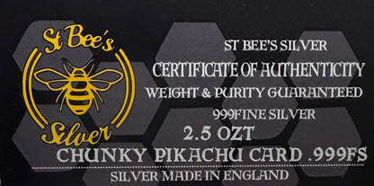 Pokémon 'Pikachu' 2.5 oz .999 Pure Silver Trading Card Hand Crafted by St Bee's in England, Satin Finish, Includes Poké Ball & COA, Mint Condition Limited Edition