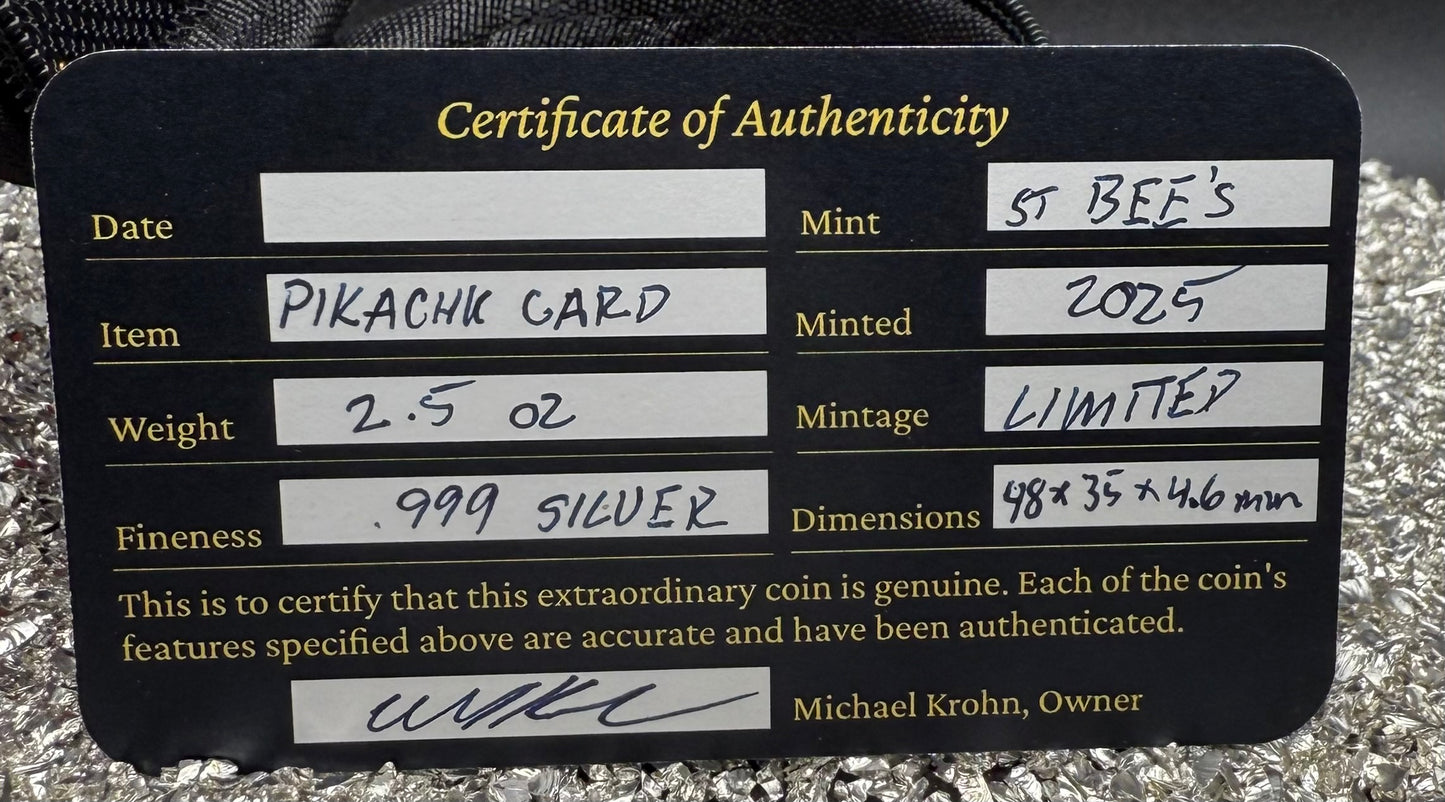 Pokémon 'Pikachu' 2.5 oz .999 Pure Silver Trading Card Hand Crafted by St Bee's in England, Satin Finish, Includes Poké Ball & COA, Mint Condition Limited Edition