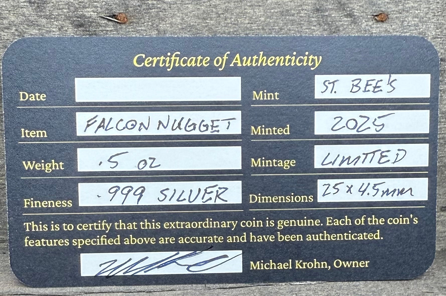 Egyptian Series 'Falcon' .5 oz .999 Pure Silver Nugget Hand Crafted by St Bee's in England, Antique Finish, Includes Wooden Box & COA, Mint Condition Limited Edition