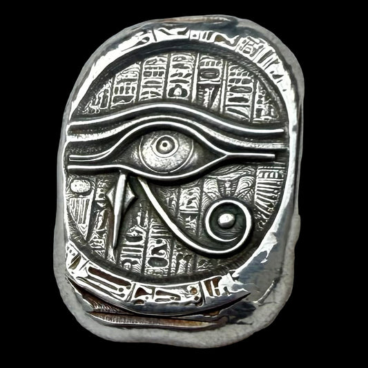 Egyptian Series 'Eye of Ra' .5 oz .999 Pure Silver Nugget Hand Crafted by St Bee's in England, Antique Finish, Includes Wooden Box & COA, Mint Condition Limited Edition