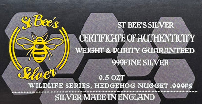 'Hedgehog' .5 oz .999 Pure Silver Nugget Hand Crafted by St Bee's in England, Shiny Finish, Includes Wooden Box & COA, Mint Condition Limited Edition
