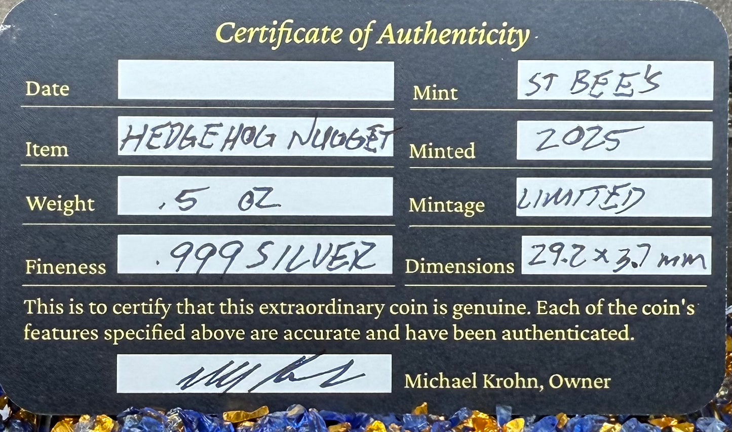 'Hedgehog' .5 oz .999 Pure Silver Nugget Hand Crafted by St Bee's in England, Shiny Finish, Includes Wooden Box & COA, Mint Condition Limited Edition