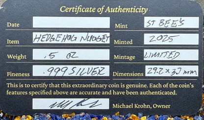 'Hedgehog' .5 oz .999 Pure Silver Nugget Hand Crafted by St Bee's in England, Shiny Finish, Includes Wooden Box & COA, Mint Condition Limited Edition