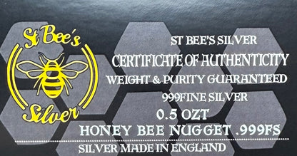 'Honey Bee' .5 oz .999 Pure Silver Nugget Hand Crafted by St Bee's in England, Shiny Finish, Includes Wooden Box & COA, Mint Condition Limited Edition