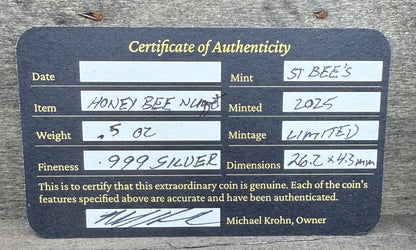 'Honey Bee' .5 oz .999 Pure Silver Nugget Hand Crafted by St Bee's in England, Shiny Finish, Includes Wooden Box & COA, Mint Condition Limited Edition