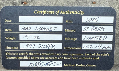 'Cute Frog' .5 oz .999 Pure Silver Nugget Hand Crafted by St Bee's in England, Shiny Finish, Includes Wooden Box & COA, Mint Condition Limited Edition