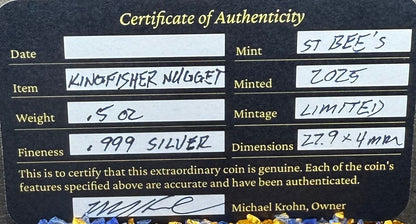'Kingfisher' .5 oz .999 Pure Silver Nugget Hand Crafted by St Bee's in England, Shiny Finish, Includes Wooden Box & COA, Mint Condition Limited Edition