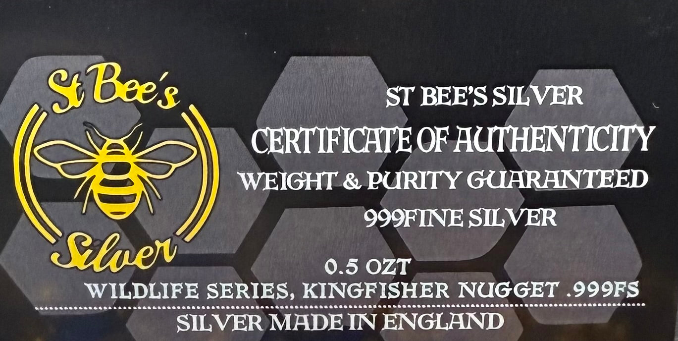 'Kingfisher' .5 oz .999 Pure Silver Nugget Hand Crafted by St Bee's in England, Shiny Finish, Includes Wooden Box & COA, Mint Condition Limited Edition