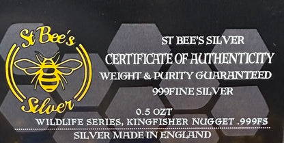 'Kingfisher' .5 oz .999 Pure Silver Nugget Hand Crafted by St Bee's in England, Shiny Finish, Includes Wooden Box & COA, Mint Condition Limited Edition