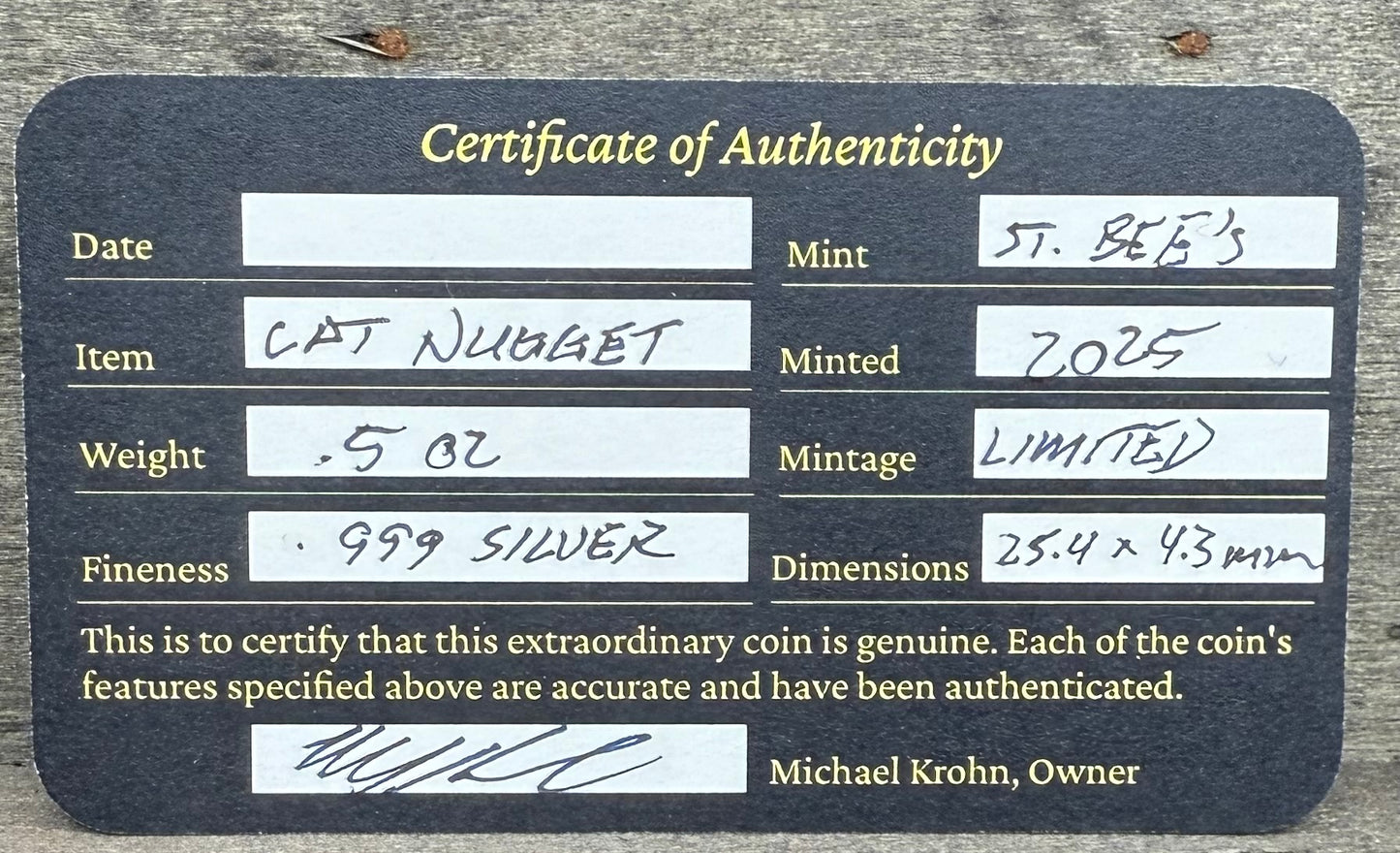 Egyptian Series 'Cat' .5 oz .999 Pure Silver Nugget Hand Crafted by St Bee's in England, Antique Finish, Includes Wooden Box & COA, Mint Condition Limited Edition