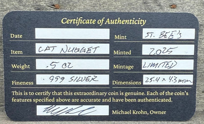 Egyptian Series 'Cat' .5 oz .999 Pure Silver Nugget Hand Crafted by St Bee's in England, Antique Finish, Includes Wooden Box & COA, Mint Condition Limited Edition