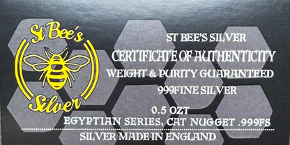 Egyptian Series 'Cat' .5 oz .999 Pure Silver Nugget Hand Crafted by St Bee's in England, Antique Finish, Includes Wooden Box & COA, Mint Condition Limited Edition