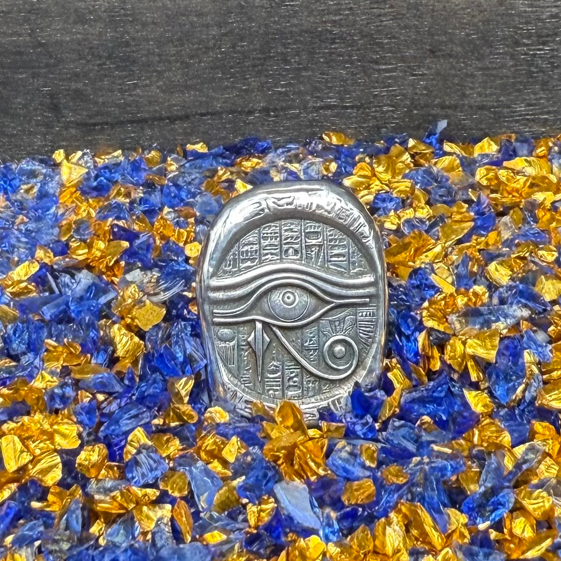 Egyptian Series 'Eye of Ra' .5 oz .999 Pure Silver Nugget Hand Crafted by St Bee's in England, Antique Finish, Includes Wooden Box & COA, Mint Condition Limited Edition