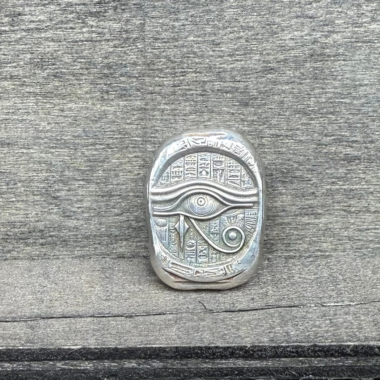 Egyptian Series 'Eye of Ra' .5 oz .999 Pure Silver Nugget Hand Crafted by St Bee's in England, Antique Finish, Includes Wooden Box & COA, Mint Condition Limited Edition