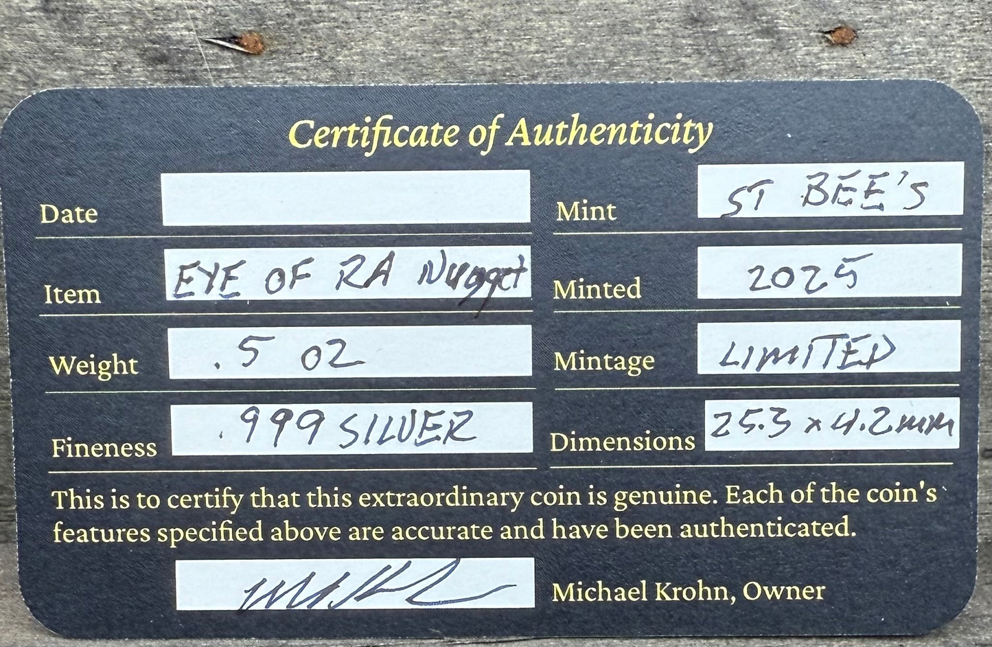 Egyptian Series 'Eye of Ra' .5 oz .999 Pure Silver Nugget Hand Crafted by St Bee's in England, Antique Finish, Includes Wooden Box & COA, Mint Condition Limited Edition