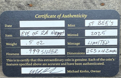 Egyptian Series 'Eye of Ra' .5 oz .999 Pure Silver Nugget Hand Crafted by St Bee's in England, Antique Finish, Includes Wooden Box & COA, Mint Condition Limited Edition