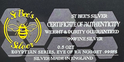 Egyptian Series 'Eye of Ra' .5 oz .999 Pure Silver Nugget Hand Crafted by St Bee's in England, Antique Finish, Includes Wooden Box & COA, Mint Condition Limited Edition