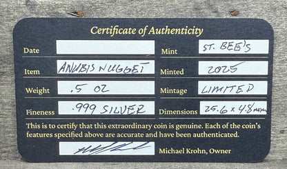 Egyptian Series 'Anubis' .5 oz .999 Pure Silver Nugget Hand Crafted by St Bee's in England, Antique Finish, Includes Wooden Box & COA, Mint Condition Limited Edition