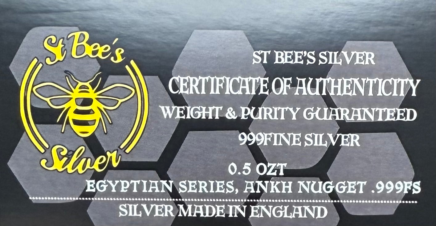 Egyptian Series 'Ankh' .5 oz .999 Pure Silver Nugget Hand Crafted by St Bee's in England, Antique Finish, Includes Wooden Box & COA, Mint Condition Limited Edition