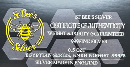 Egyptian Series 'Ankh' .5 oz .999 Pure Silver Nugget Hand Crafted by St Bee's in England, Antique Finish, Includes Wooden Box & COA, Mint Condition Limited Edition