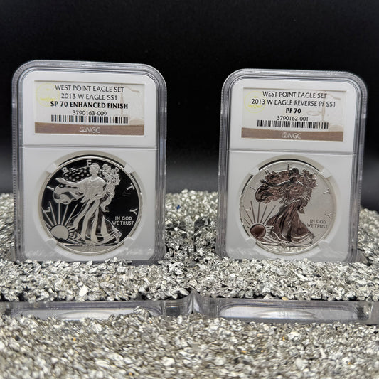 Reverse Proof & Enhanced Finish (2 Coin Set) 2013 (W) $1 American Silver Eagle NGC PF70 White Core Holder Classic Brown Label