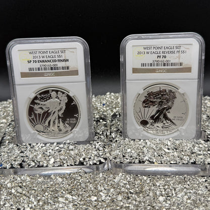 Reverse Proof & Enhanced Finish (2 Coin Set) 2013 (W) $1 American Silver Eagle NGC PF70 White Core Holder Classic Brown Label