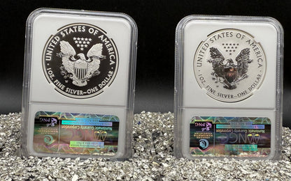 Reverse Proof & Enhanced Finish (2 Coin Set) 2013 (W) $1 American Silver Eagle NGC PF70 White Core Holder Classic Brown Label