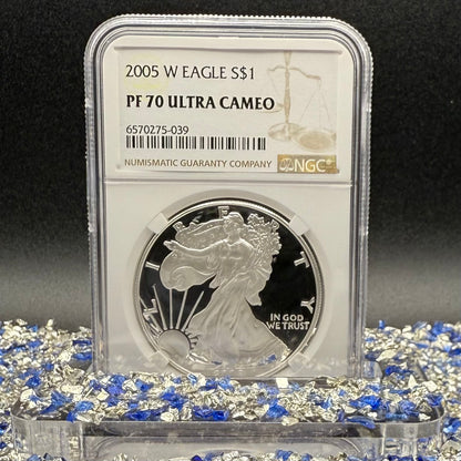Proof 2005 (W) $1 American Silver Eagle NGC PF70UC Modern Brown Label (1 of 14,635)
