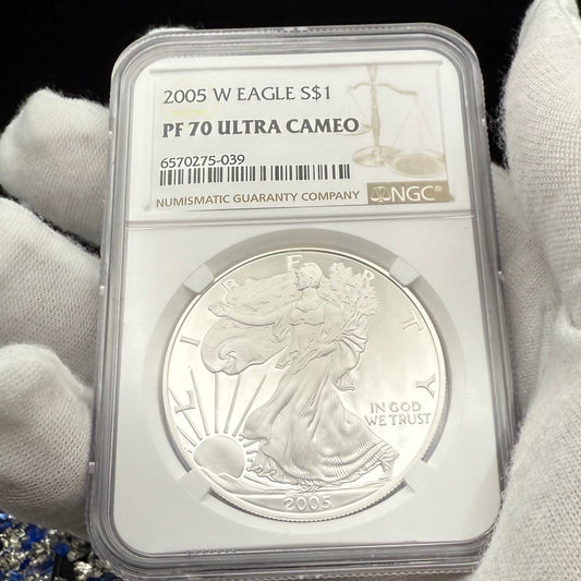 Proof 2005 (W) $1 American Silver Eagle NGC PF70UC Modern Brown Label (1 of 14,635)