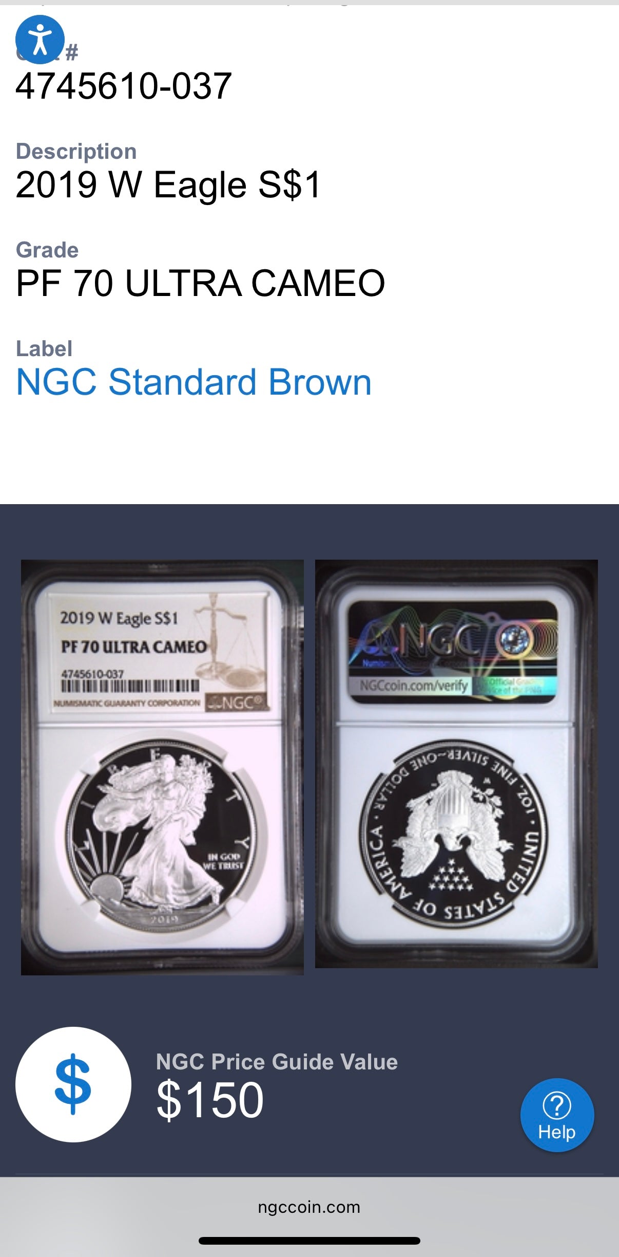 Proof 2019 (W) $1 American Silver Eagle NGC PF70UC Modern Brown Label White Holder (1 of 3,491)