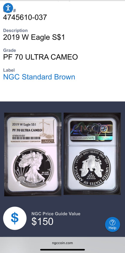 Proof 2019 (W) $1 American Silver Eagle NGC PF70UC Modern Brown Label White Holder (1 of 3,491)
