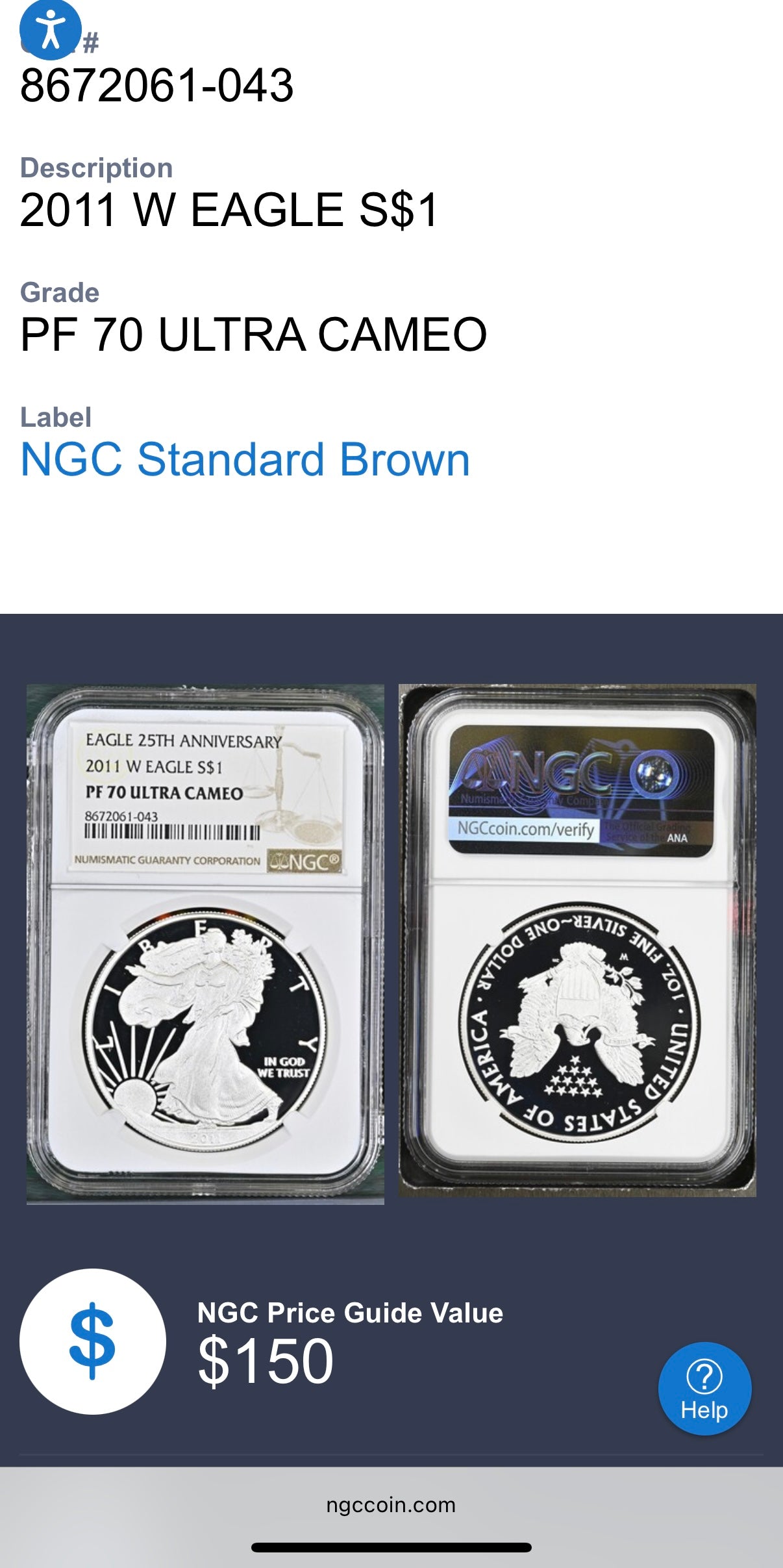 Proof 2011 (W) $1 American Silver Eagle NGC PF70UC 25th Anniversary Modern Brown Label Mint (1 of 9,295)