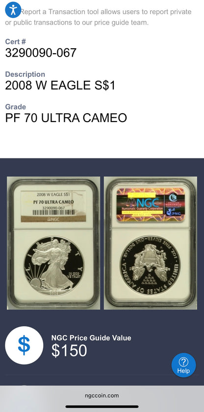 Proof 2008 (W) $1 American Silver Eagle NGC PF70UC Classic Brown Label (1 of 15,136)