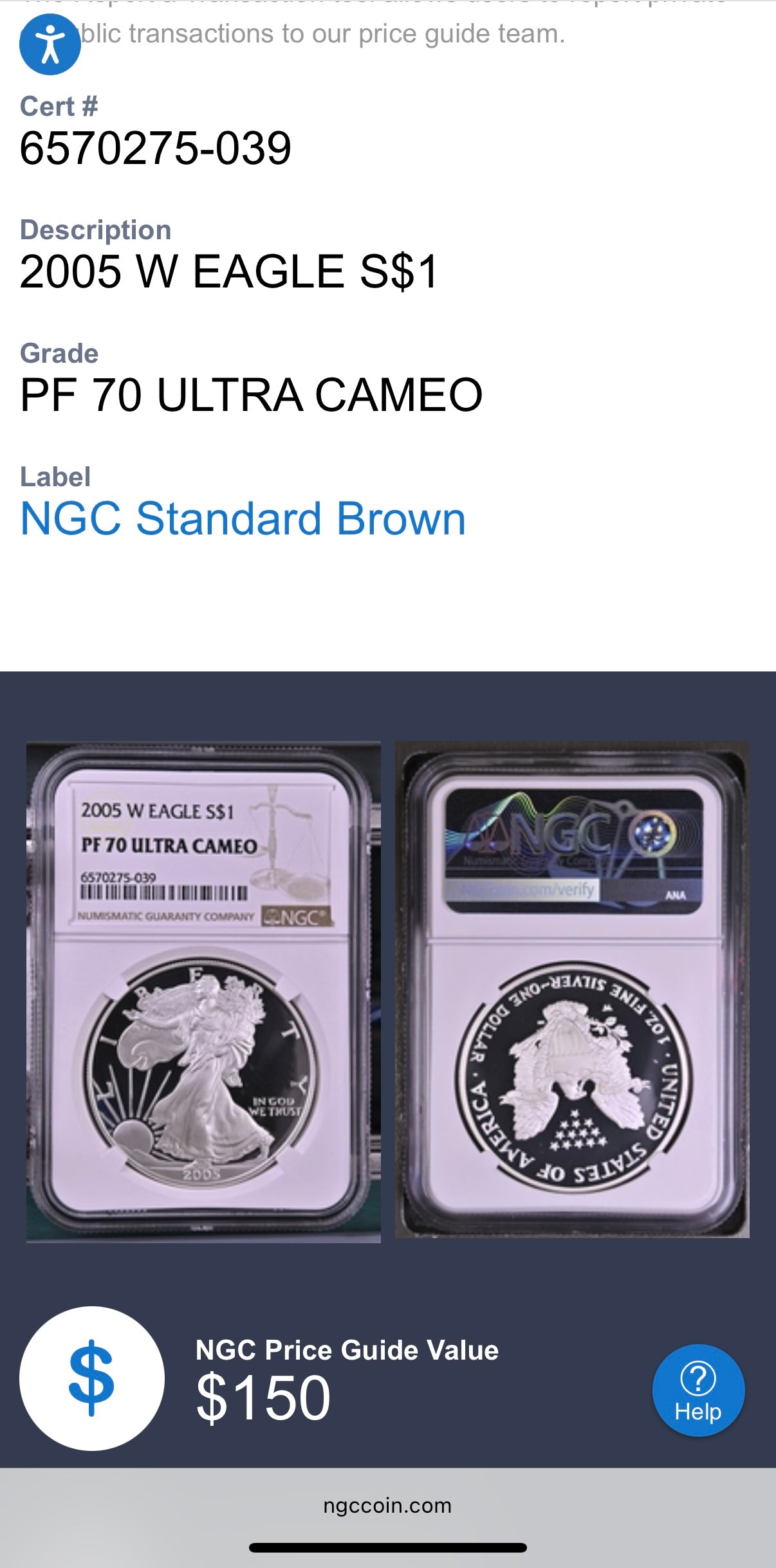 Proof 2005 (W) $1 American Silver Eagle NGC PF70UC Modern Brown Label (1 of 14,635)