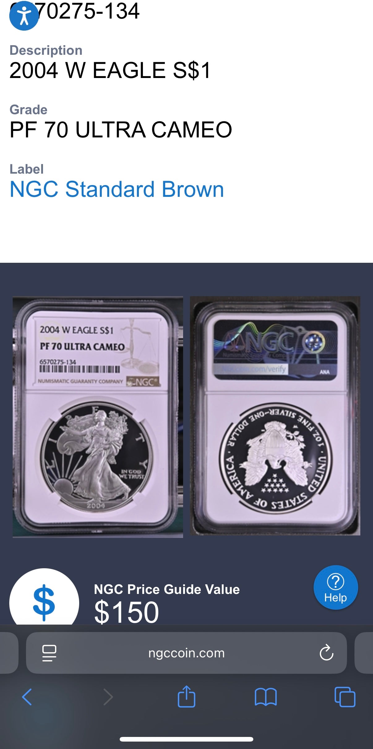 Proof 2004 (W) $1 American Silver Eagle NGC PF70UC Modern Brown Label (1 of 12,325)