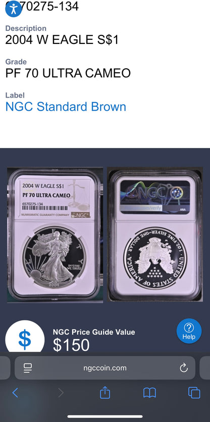 Proof 2004 (W) $1 American Silver Eagle NGC PF70UC Modern Brown Label (1 of 12,325)