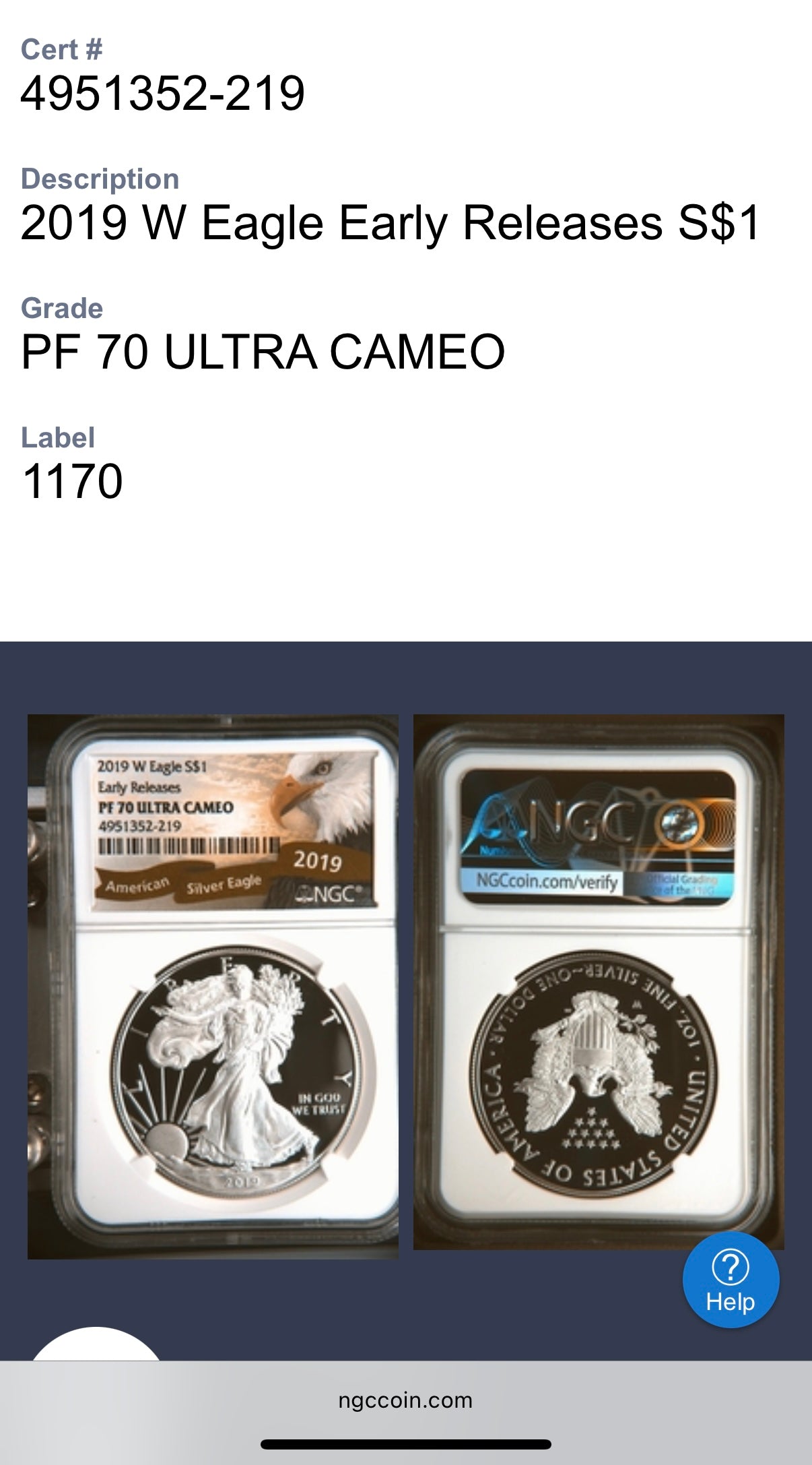 Proof 2019 (W) $1 American Silver Eagle NGC PF70UC Early Releases Eagle Label White Holder (1 of 4,470)