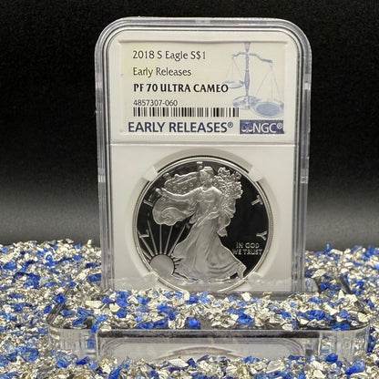 Proof 2018 (S) $1 American Silver Eagle NGC PF70UC Early Releases Classic Blue Label White Holder (1 of 4,975) Mint