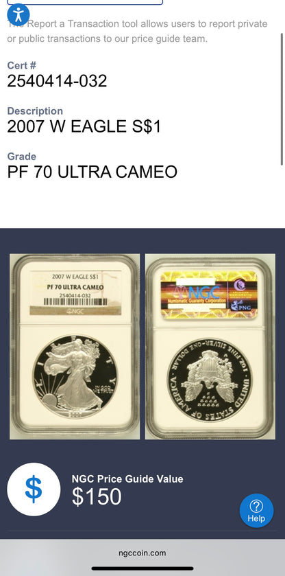 Proof 2007 (W) $1 American Silver Eagle NGC PF70UC Classic Brown Label Mint (1 of 10,245)