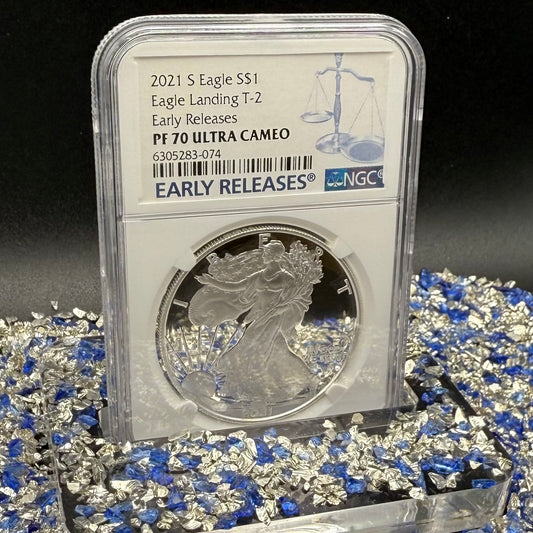 Proof 2021 (S) $1 American Silver Eagle NGC PF70UC T-2 Early Releases Classic Blue Label White Holder (1 of 1,303) Mint
