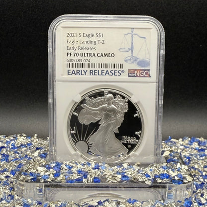 Proof 2021 (S) $1 American Silver Eagle NGC PF70UC T-2 Early Releases Classic Blue Label White Holder (1 of 1,303) Mint