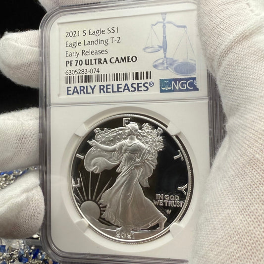 Proof 2021 (S) $1 American Silver Eagle NGC PF70UC T-2 Early Releases Classic Blue Label White Holder (1 of 1,303) Mint