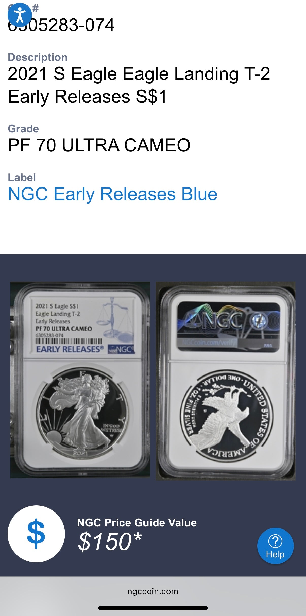 Proof 2021 (S) $1 American Silver Eagle NGC PF70UC T-2 Early Releases Classic Blue Label White Holder (1 of 1,303) Mint