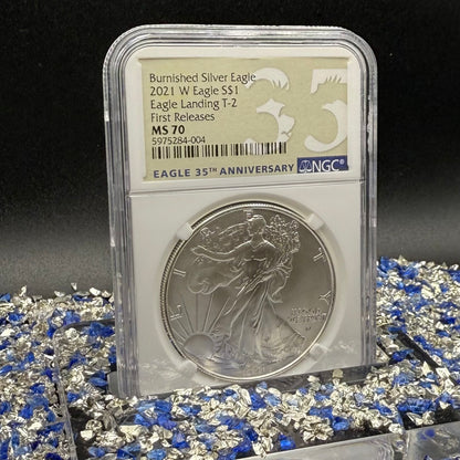 Burnished 2021 (W) $1 American Silver Eagle NCG MS70 First Releases T-2 35th Anniversary Eagle Label Mint Condition (1 of 1,997)