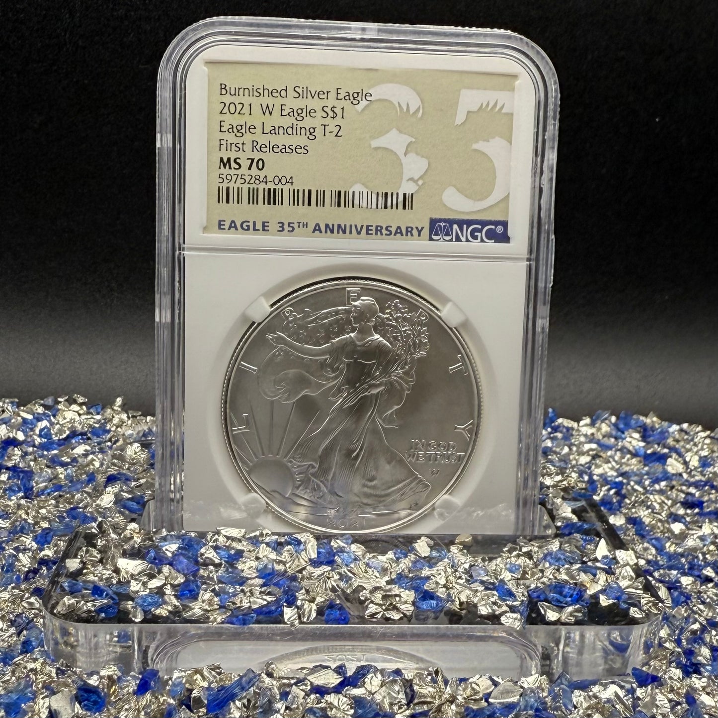 Burnished 2021 (W) $1 American Silver Eagle NCG MS70 First Releases T-2 35th Anniversary Eagle Label Mint Condition (1 of 1,997)